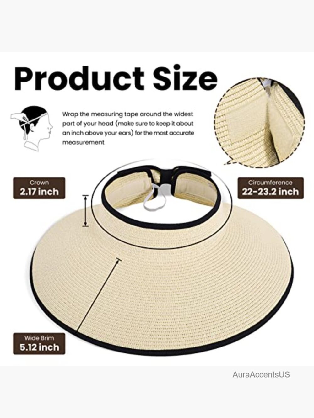 Wide Brim Straw Sun Visor Hat UPF 50+ Roll-up Packable - Picture 4 of 7